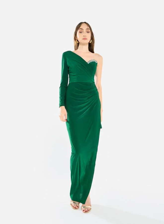 House of Moda Women Crystal Accent Ruched Gown Maxi Dress